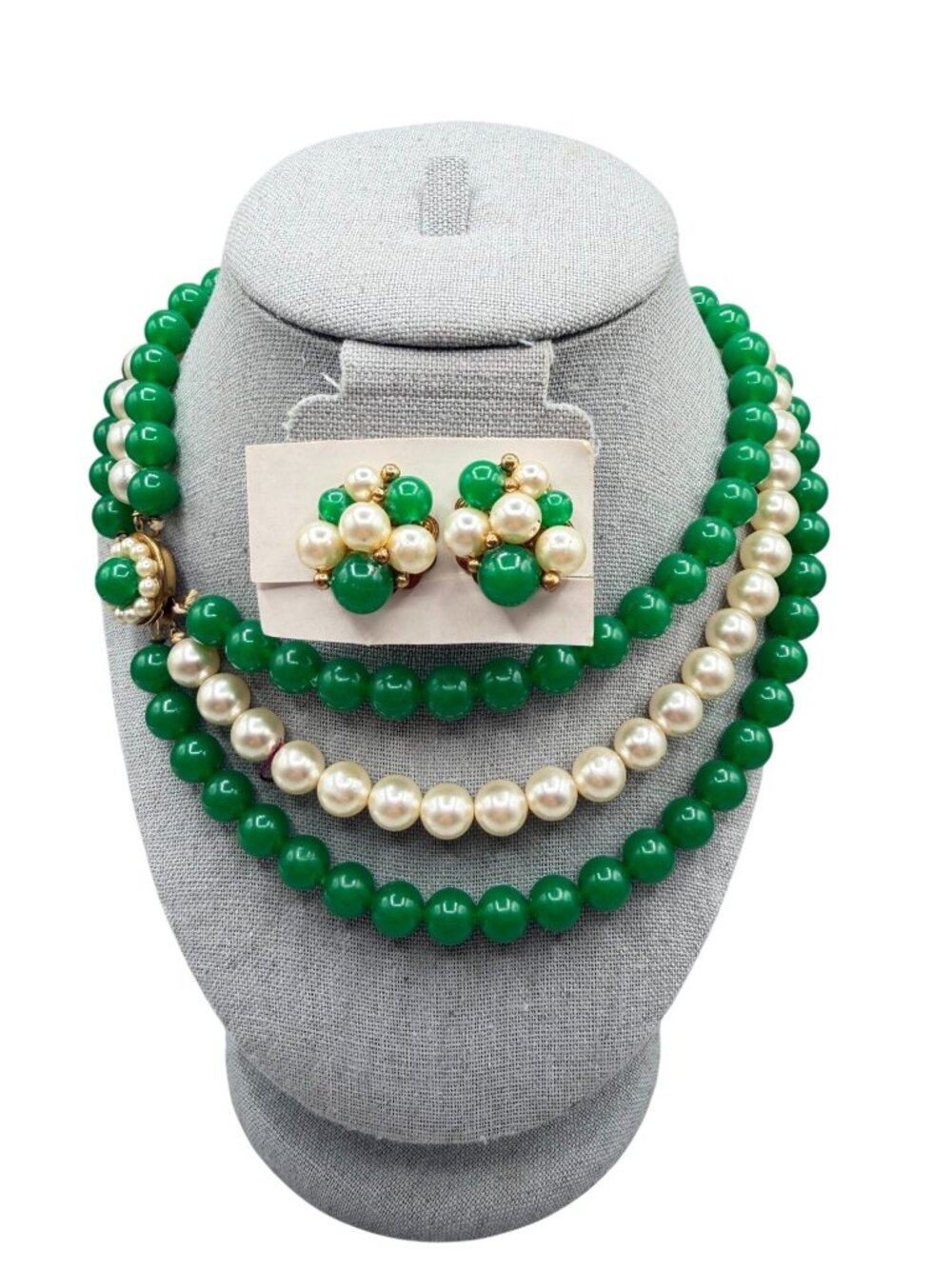 Vintage Beaded Necklace Faux Pearls Green Beads Triple Strand With Clip On Earri